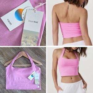 Vuori Halo Halter Top NWT Azalea Pink Heather Cropped Built In Bra Activewear